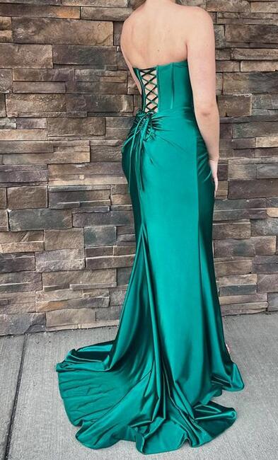 Strapless Satin Long Prom Dresses with Ruched Waistline