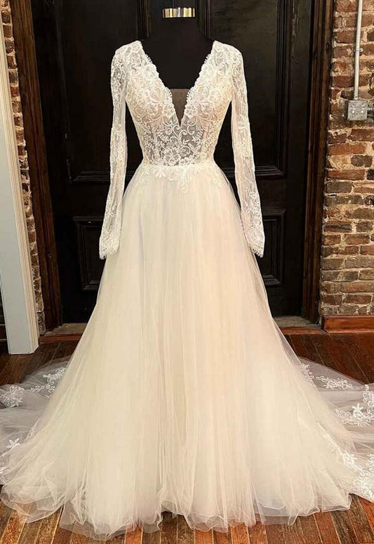 Open Back A-line Tulle/Lace Wedding Dress with Long Sleeves