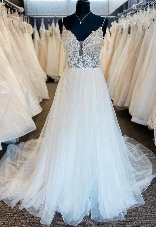 Straps A-line Tulle/Lace Wedding Dress with Beading