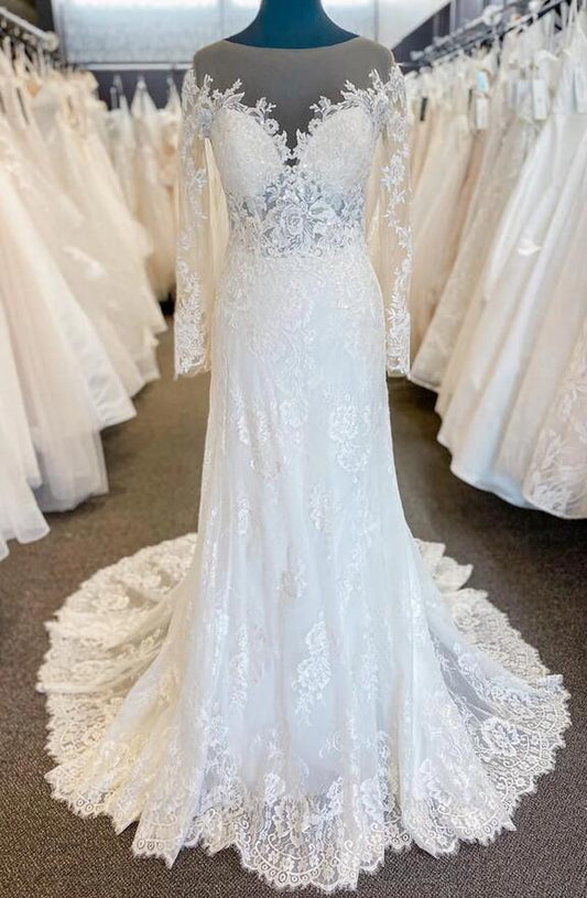Elegant Illusion Neck Lace Wedding Dress with Long Sleeves