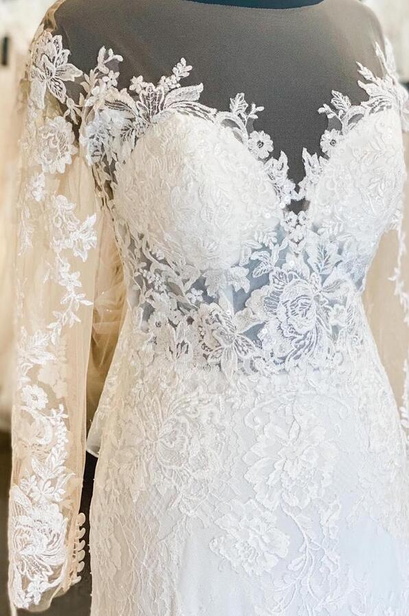 Elegant Illusion Neck Lace Wedding Dress with Long Sleeves