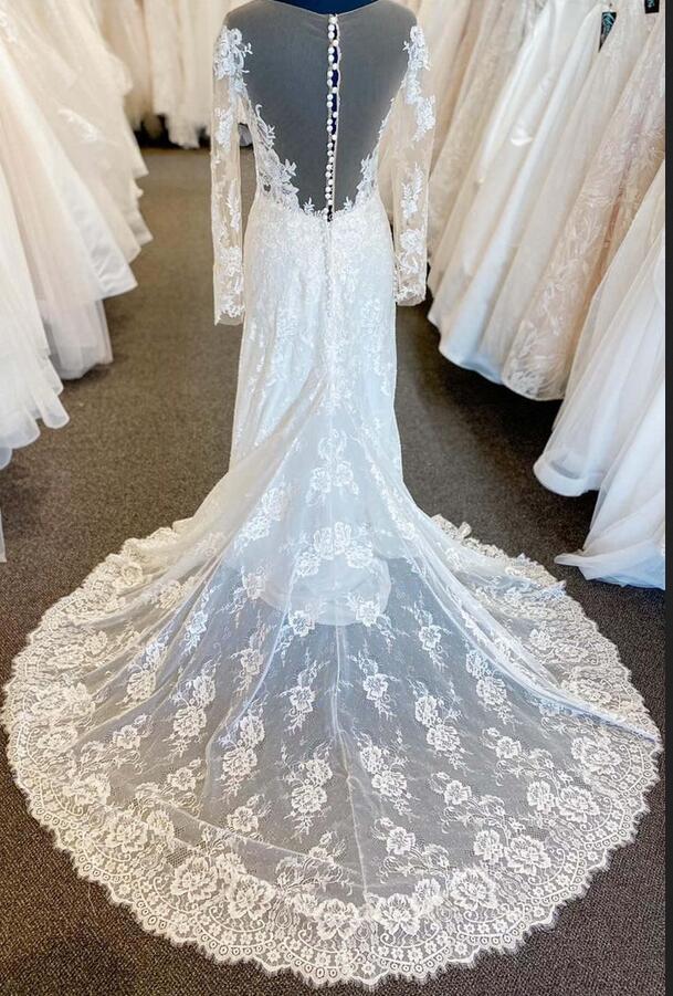 Elegant Illusion Neck Lace Wedding Dress with Long Sleeves