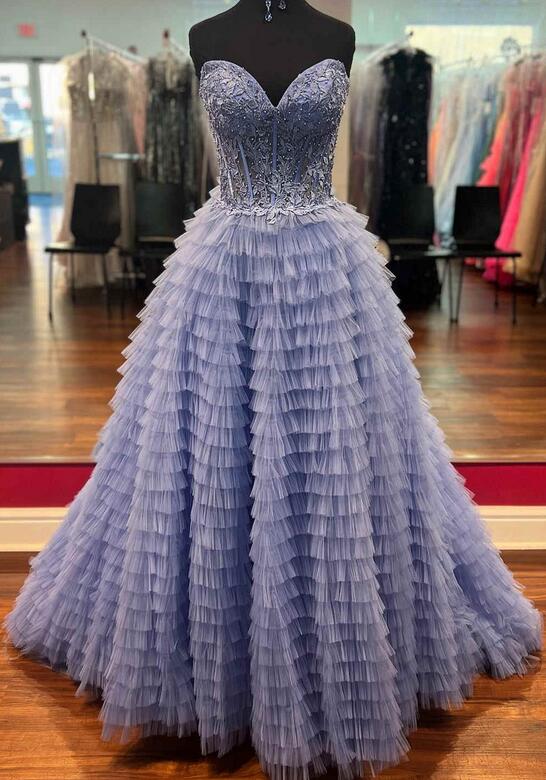 Strapless Long Prom Dresses with Leaf Lace Bodice and Ruffle Skirt