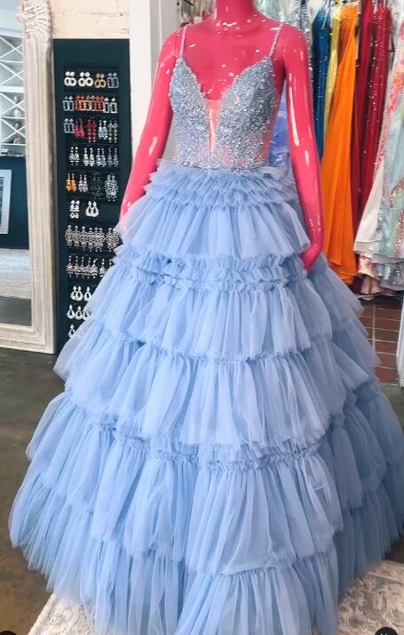 Straps Ball Gown Prom Dress with Lace Corset Bodice and Ruffle Skirt