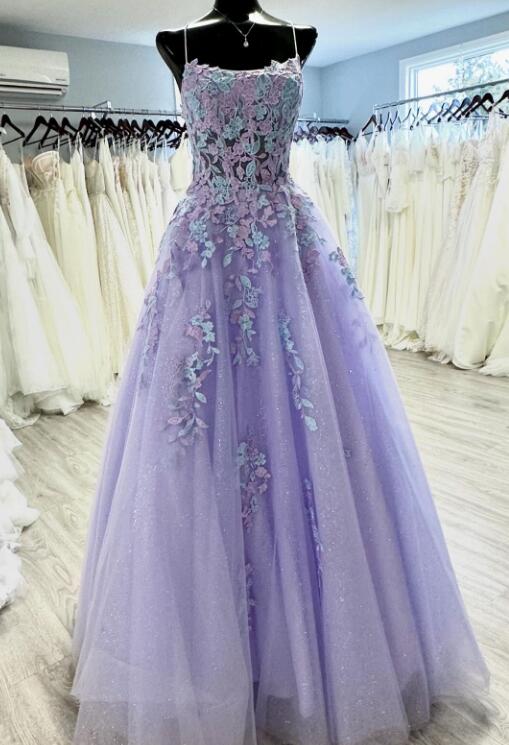 Straps Tulle/Lace Prom Dresses Long with Lace-up Back