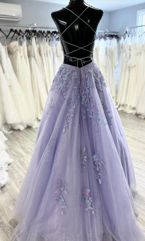 Straps Tulle/Lace Prom Dresses Long with Lace-up Back