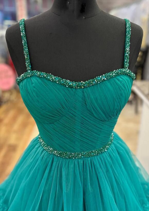 Straps Tulle Prom Dresses Long with Beading and Ruffle Skirt