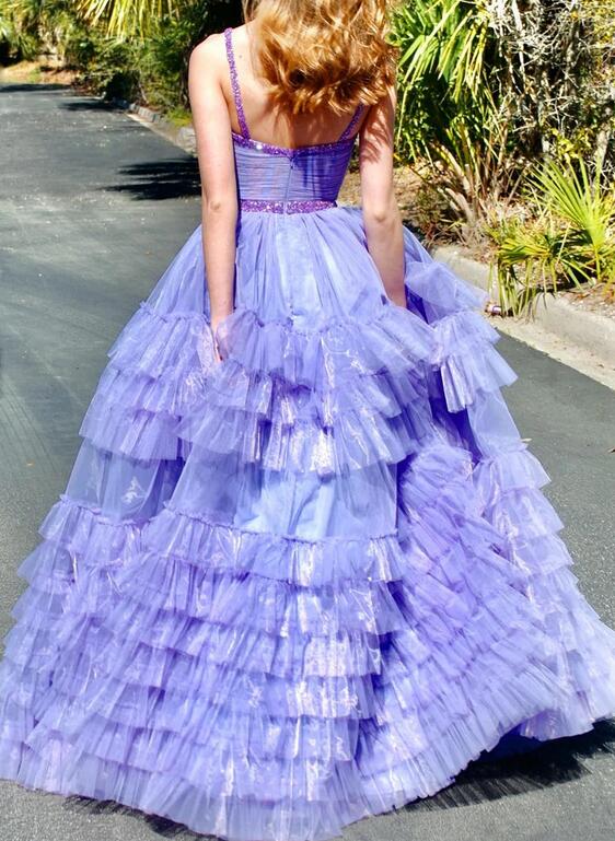 Straps Tulle Prom Dresses Long with Beading and Ruffle Skirt