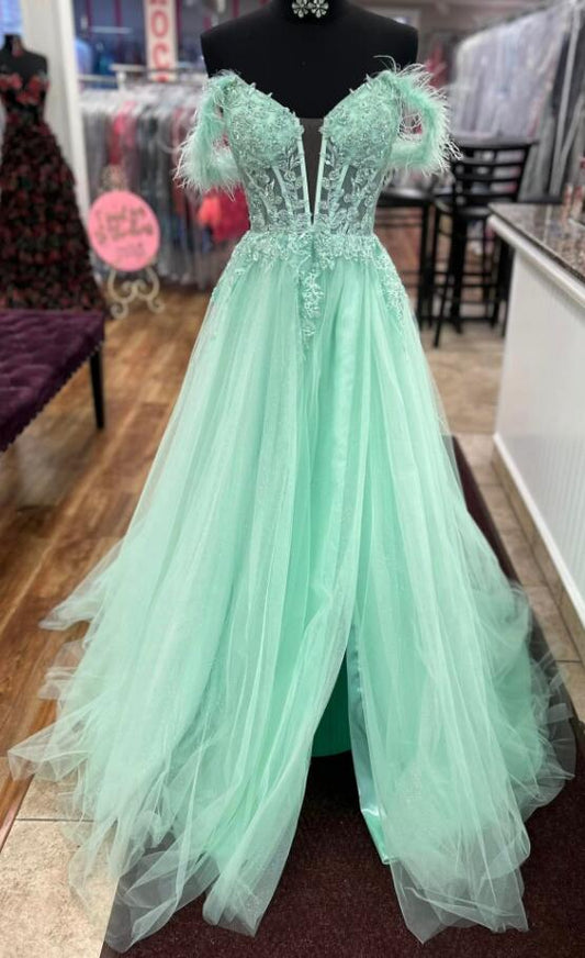 Tulle Prom Dresses Long with Lace Top