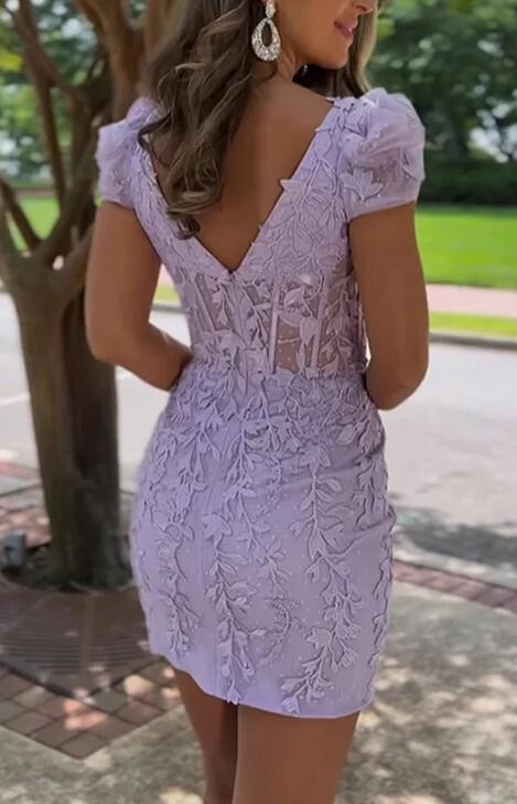 Leaf Lace Fitted Homecoming Dress with Short Sleeves
