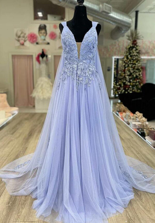 Plunging Deep V Neckline Tulle and Leaf Lace Prom Dresses with Tulle Cape
