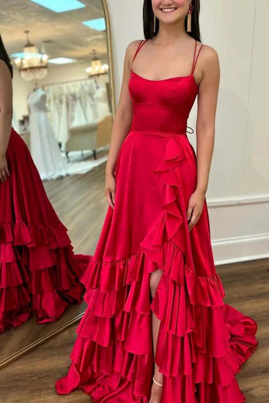 Straps Long Prom Dress with Ruffle and Slit Skirt