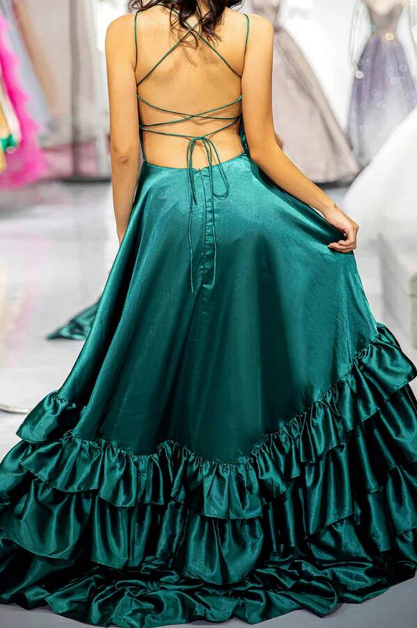 Straps Long Prom Dress with Ruffle and Slit Skirt
