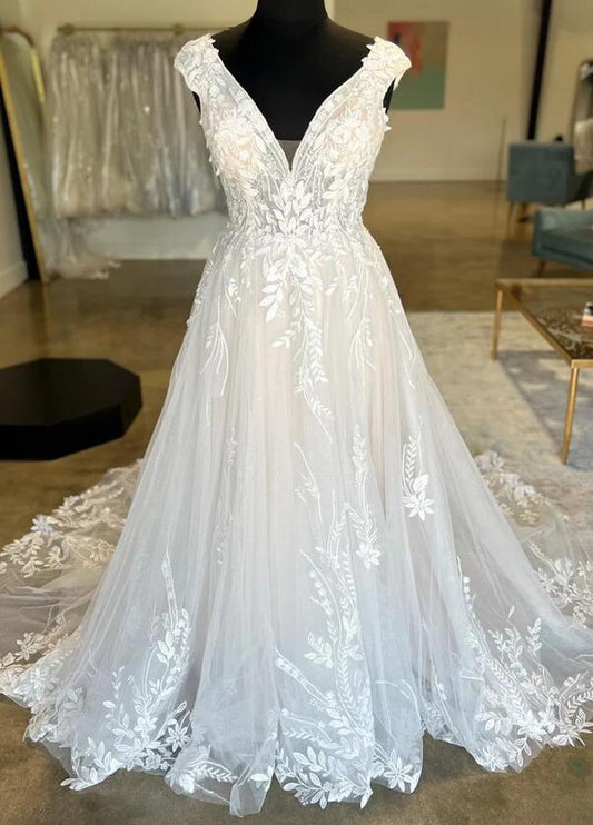Open Back Tulle/Lace Wedding Dress with Cap Sleeves