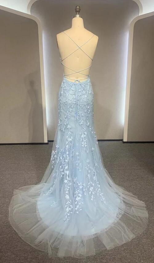 Straps Mermaid Leaf Lace Long Prom Dress