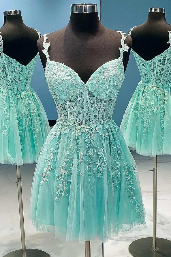 Straps Leaf Lace Short Homecoming Dress