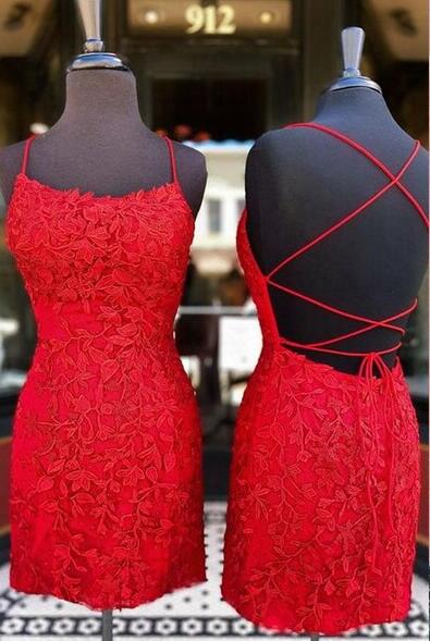 Straps Red Leaf Lace Fitted  Homecoming Dress