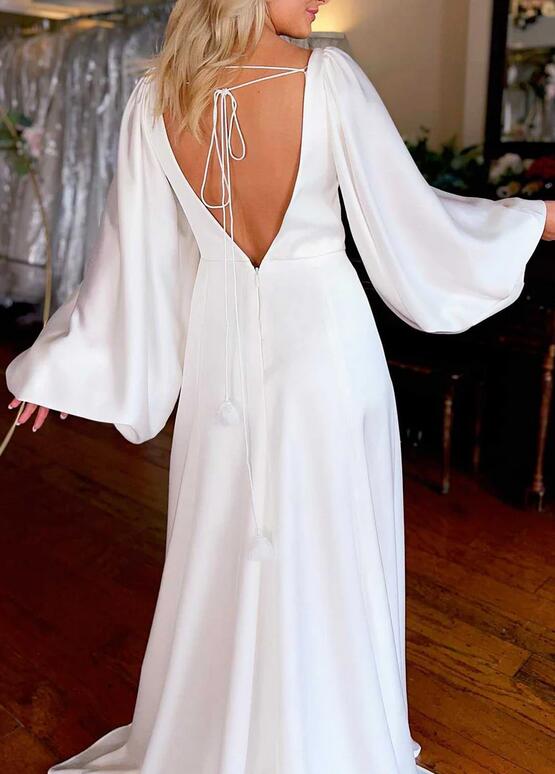 Backless Sexy Wedding Dress with Long Sleeves and Skirt Slit