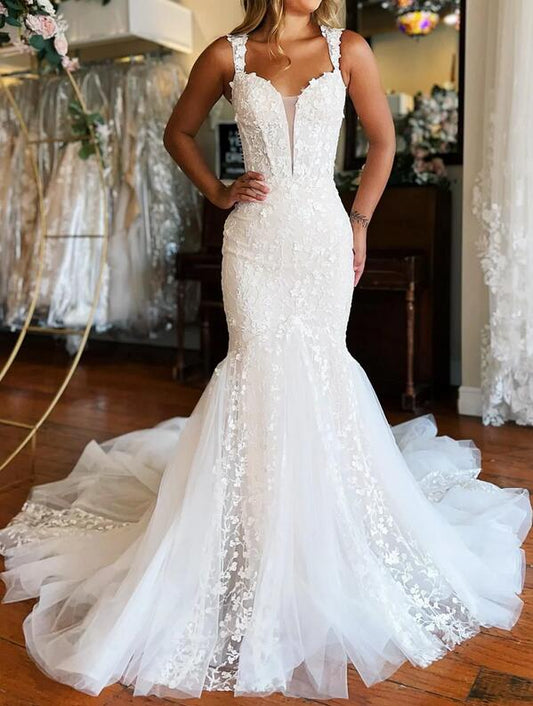Off-the-Shoulder Trumpet Tulle/Lace Wedding Dress