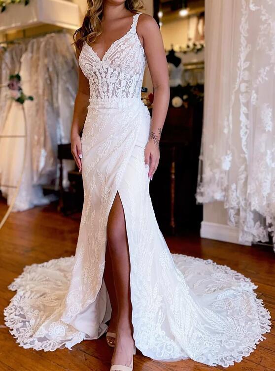 Straps Mermaid Lace Wedding Dress with Skirt Slit