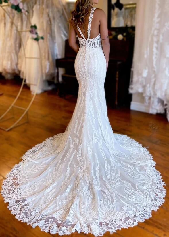 Straps Mermaid Lace Wedding Dress with Skirt Slit