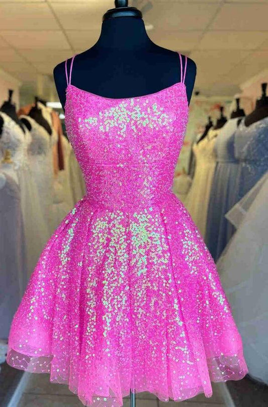 Straps Sequins Homecoming Dress with Lace-up Back