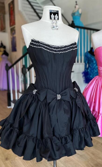 Strapless Black Ruffle Hem Homecoming Dress with Beading