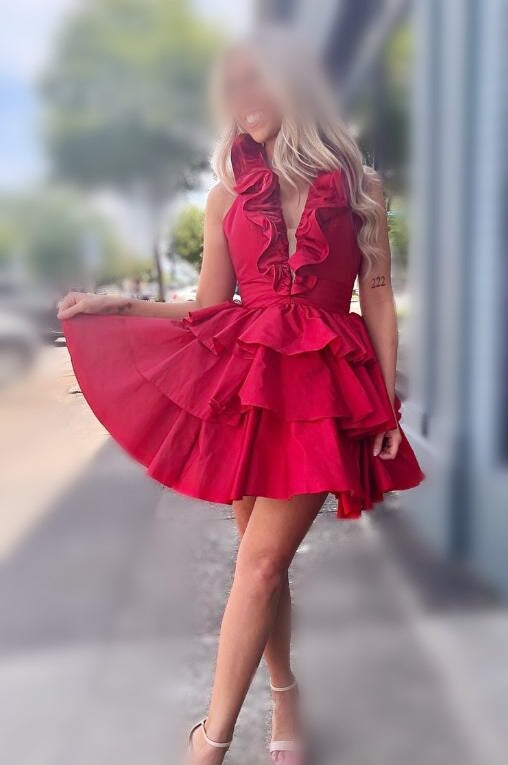 V-neck Short Homecoming Dress with Ruffle Skirt