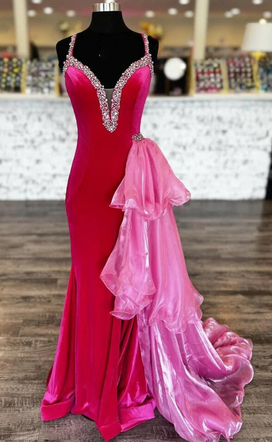 Straps Long Prom Dress with Contrasting Side Sash and Beading