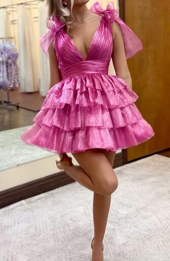 V-neck Open Back Short Homecoming Dress with Ruffle Skirt