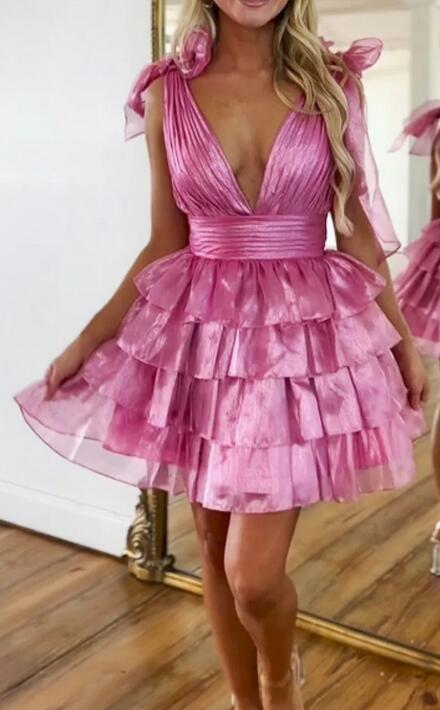 V-neck Open Back Short Homecoming Dress with Ruffle Skirt DressesTailor V-neck Open Back Short Homecoming Dress with Ruffle Skirt DressesTailor