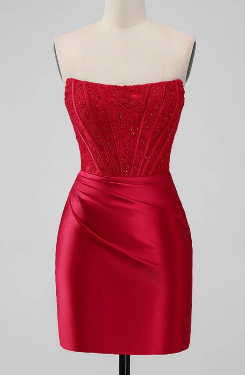 Strapless Short Red Homecoming Dress with Lace Top