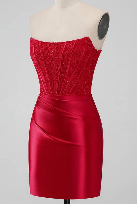 Strapless Short Red Homecoming Dress with Lace Top