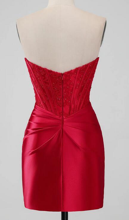 Strapless Short Red Homecoming Dress with Lace Top