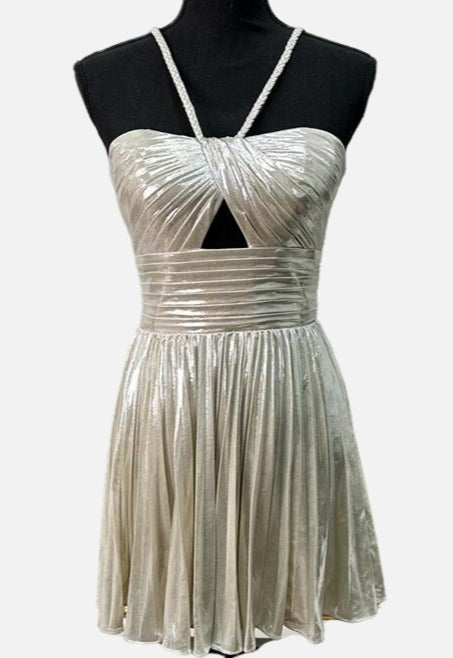 Halter Metallic Short Homecoming Dress with Key Hole