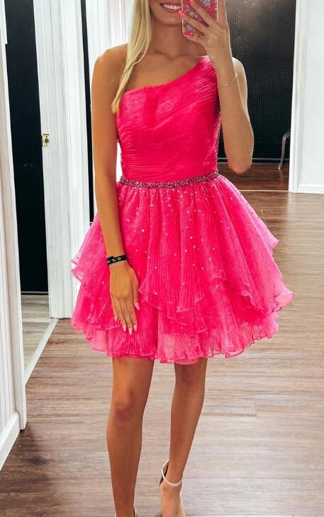 One Shoulder Short Homecoming Dress with Beading