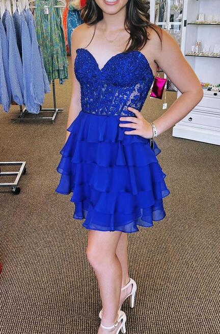 Strapless Short Homecoming Dress with Leaf Lace Top and Chiffon Ruffle Skirt