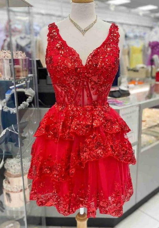 Red Sequins Lace Short Homecoming Dress with Ruffle Skirt