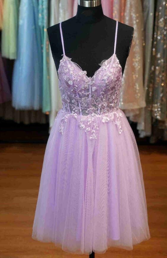 Straps A-line Tulle  Homecoming Dress with Lace Top