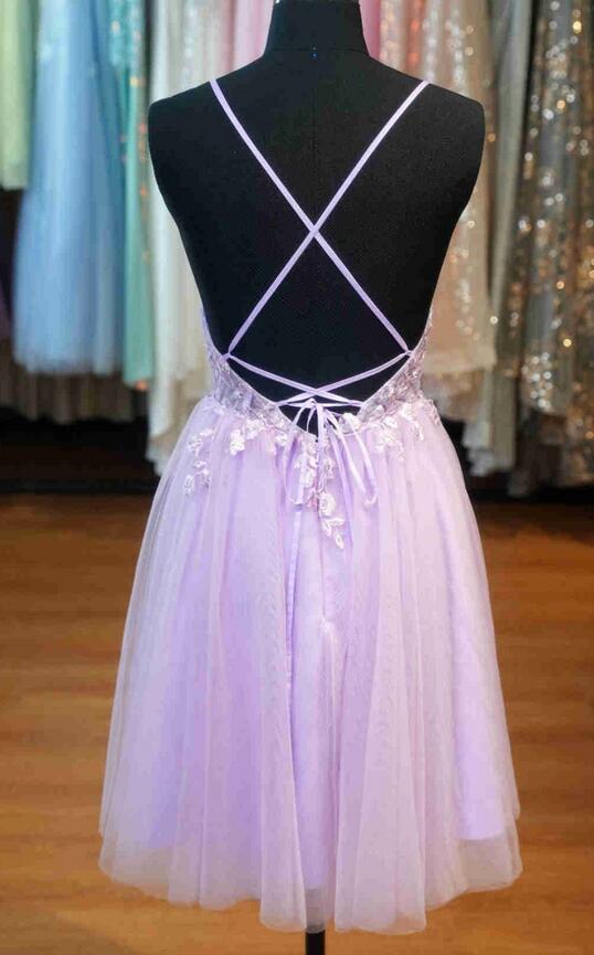 Straps A-line Tulle  Homecoming Dress with Lace Top