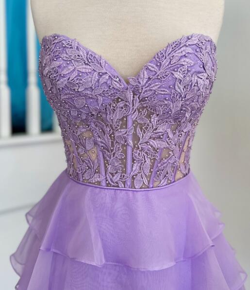 Strapless Short Homecoming Dress with Leaf Lace Top and Chiffon Ruffle Skirt