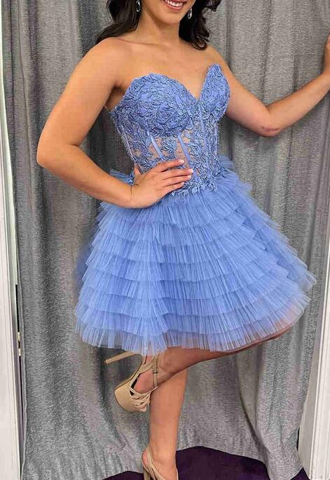 Strapless Homecoming Dress with Leaf Lace Top and Ruffle Skirt