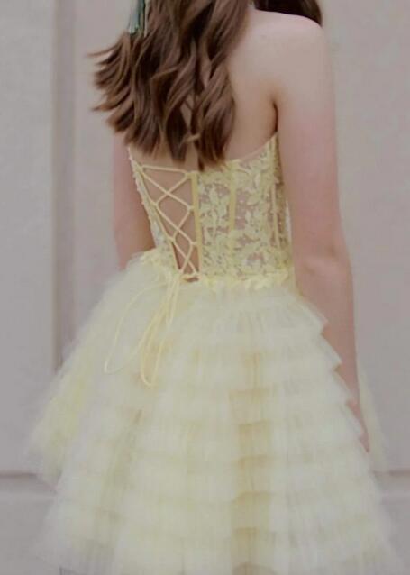 Strapless Homecoming Dress with Leaf Lace Top and Ruffle Skirt