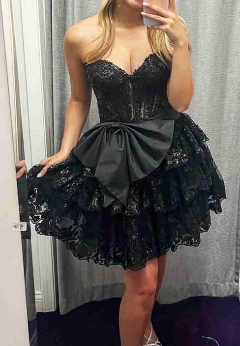 Strapless Sequins Lace Homecoming Dress with  Ruffle Skirt