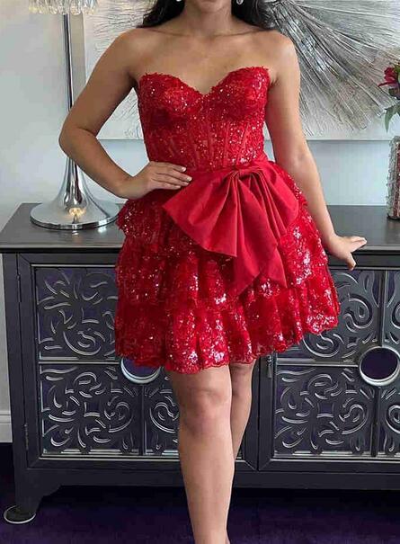 Strapless Sequins Lace Homecoming Dress with  Ruffle Skirt