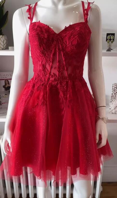 Straps Leaf Lace Short Homecoming Dresses