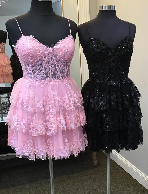 Straps Sequins Lace Homecoming Dress with Ruffle Skirt