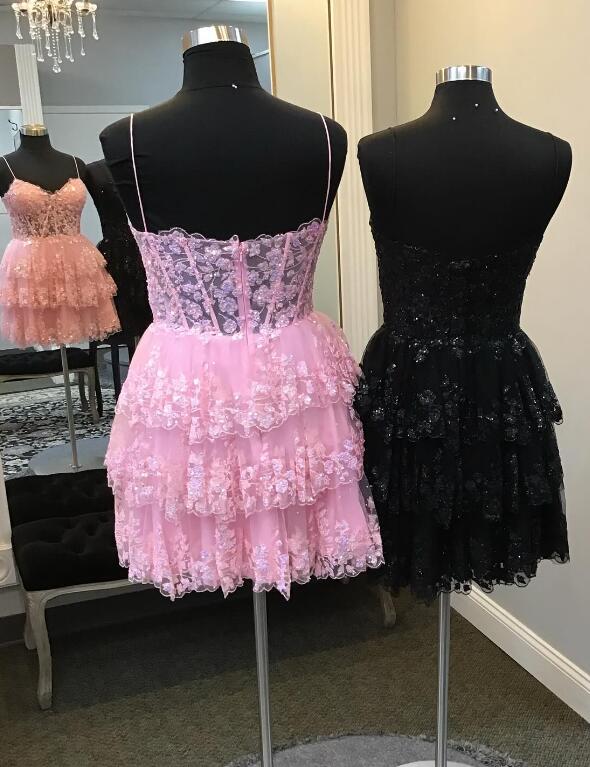 Straps Sequins Lace Homecoming Dress with Ruffle Skirt