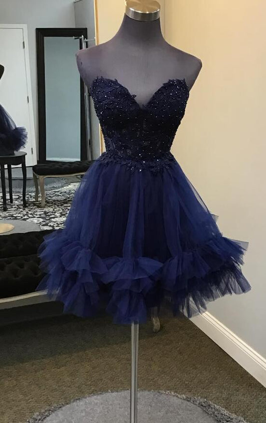 Strapless Short Homecoming Dress with Lace Top and Ruffle Skirt