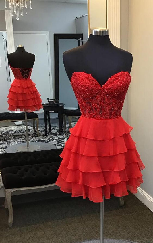 Red Leaf Lace Short Homecoming Dress with Chiffon Ruffle Skirt